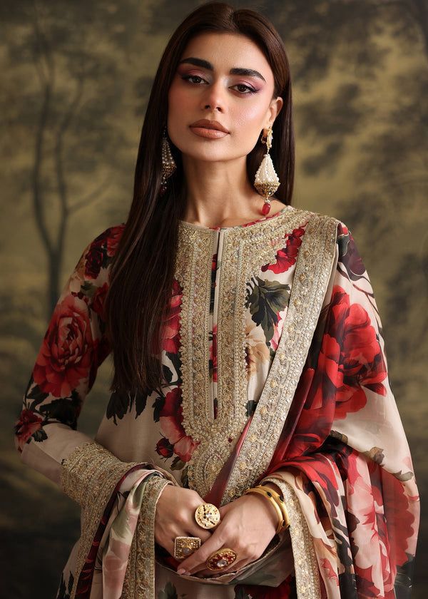 Crimson 3PC Embroidered Silk Suit