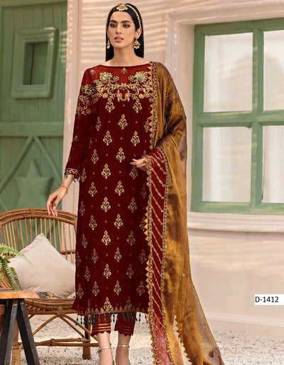 D-1412 – Emaan Adeel Velvet Embroidered Suit with Net Dupatta (Master Replica)