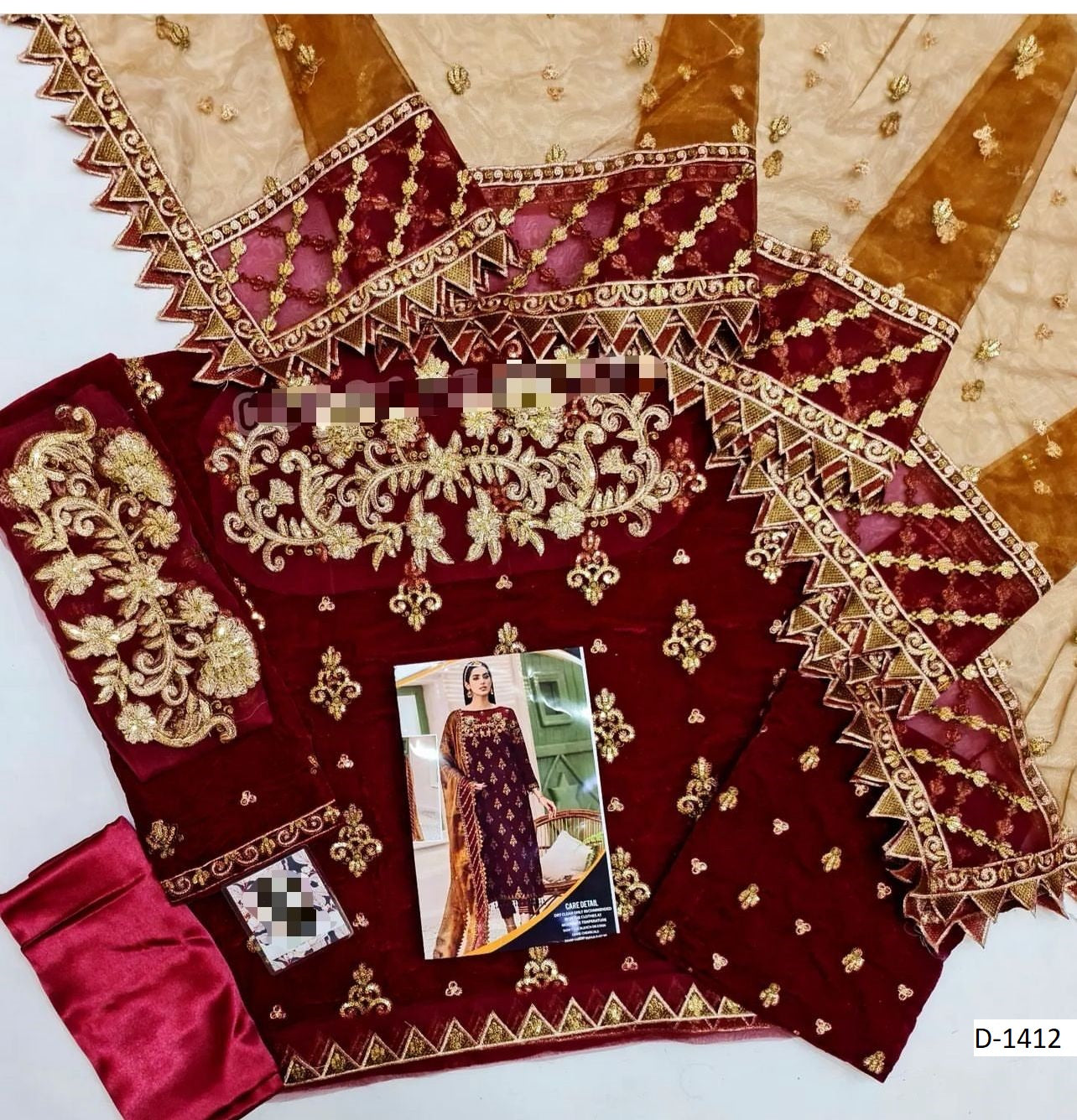 D-1412 – Emaan Adeel Velvet Embroidered Suit with Net Dupatta (Master Replica)