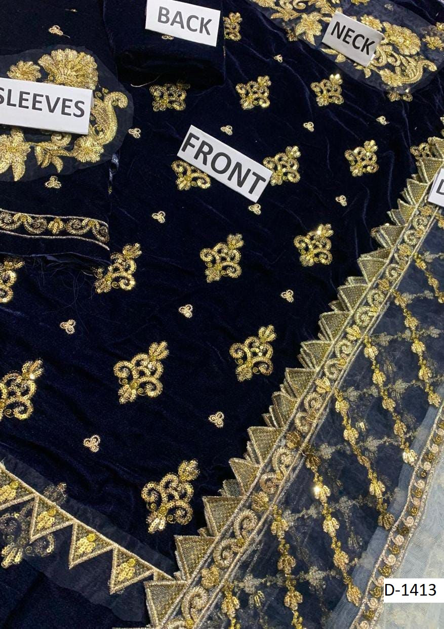 D-1412 – Emaan Adeel Velvet Embroidered Suit with Net Dupatta | Master Replica